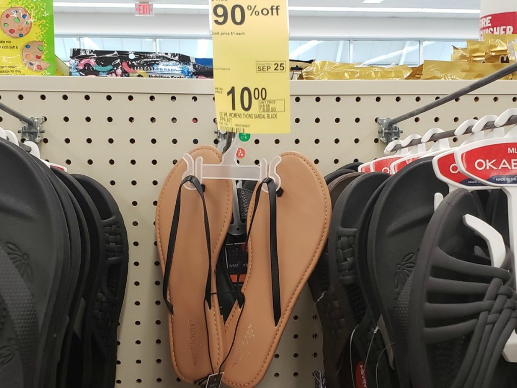 thong sandals hanging on hook at Walgreens