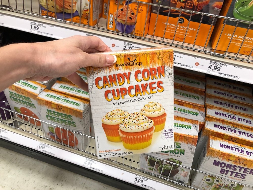 hand holding Tylina Sweetshop Candy Corn Cupcakes Kit in store