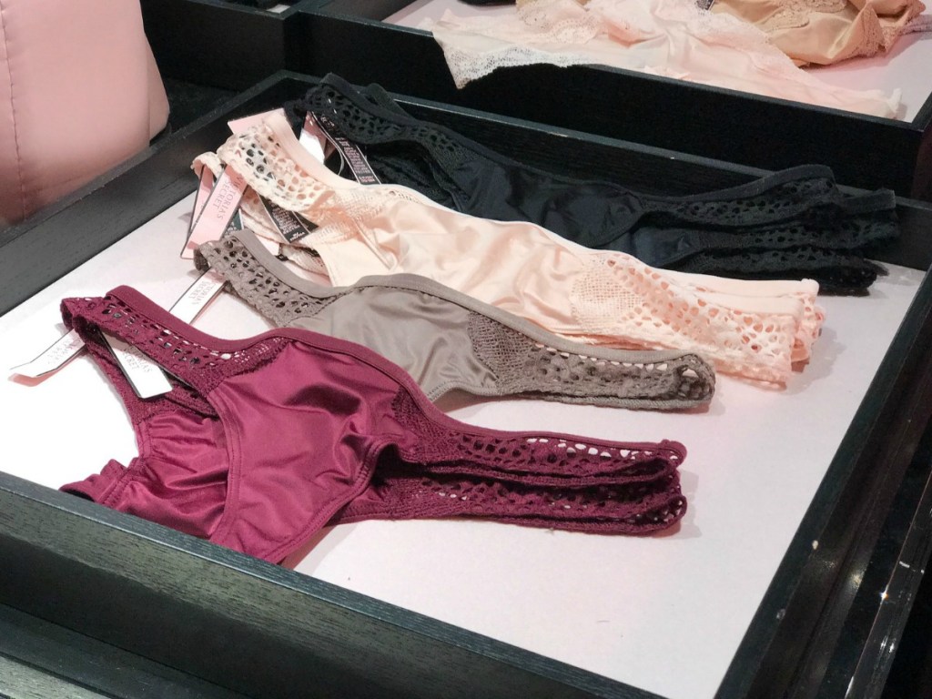 Victoria's Secret thong panties on display in drawer at store