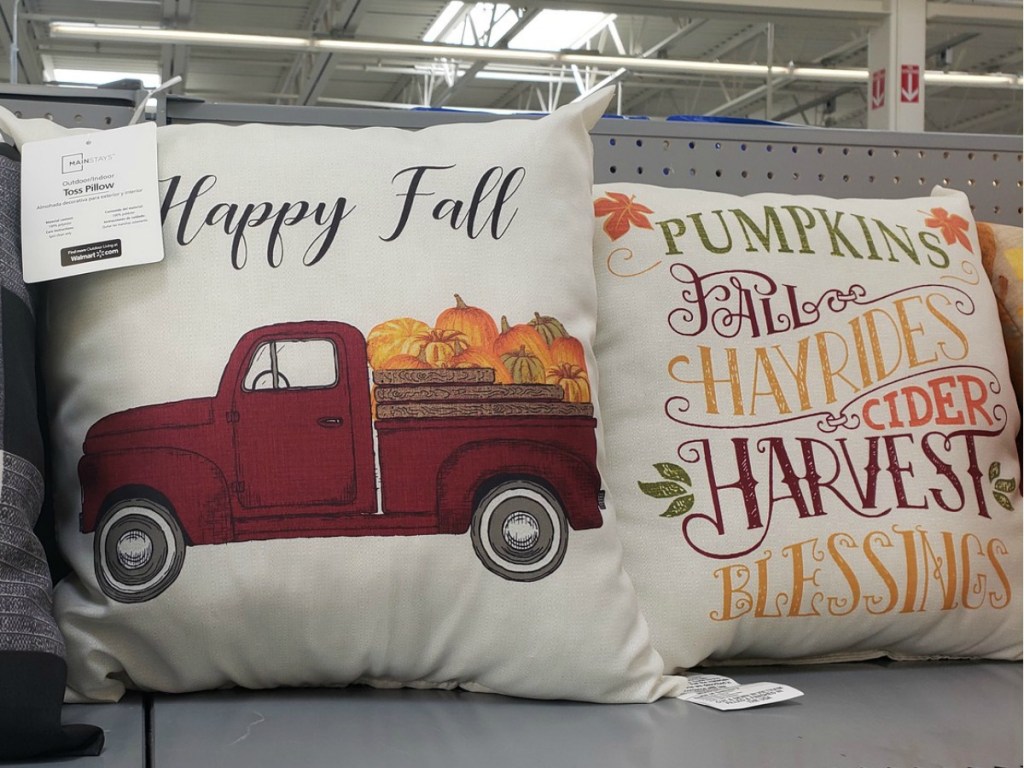 Truck pillow and Harvest pillow on walmart shelf