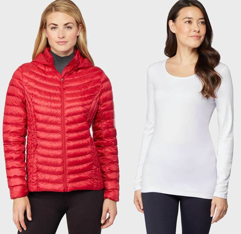 Woman wearing red down jacket and woman wearing white layering top