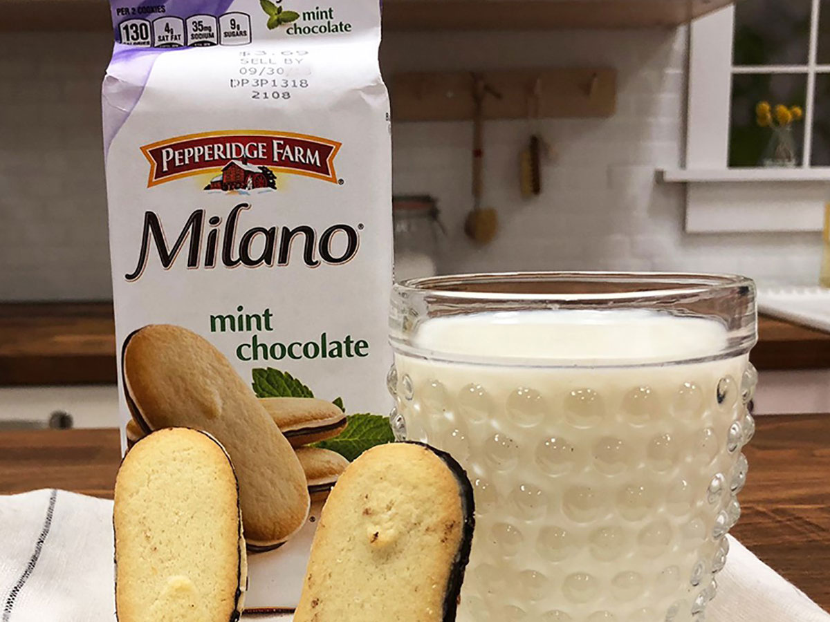 pepperidge farm milano mint chocolate cookies on table with milk