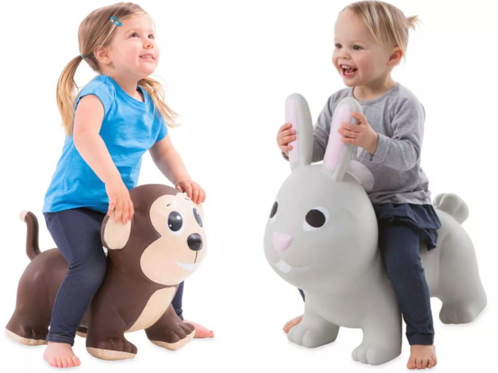 kids riding on monkey and bunny ride along