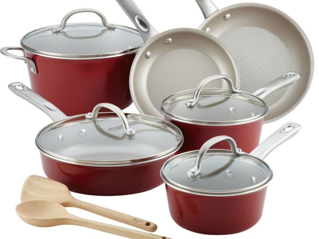 set of red pots and pans
