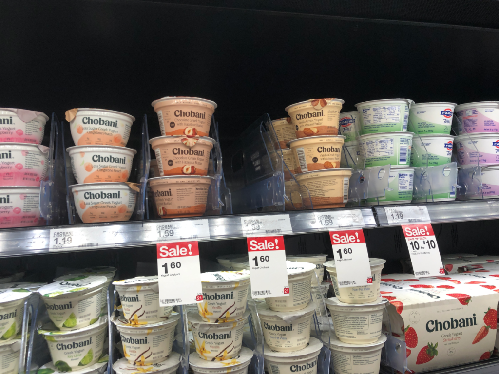 chobani yougurts in target with sale sign beneath them
