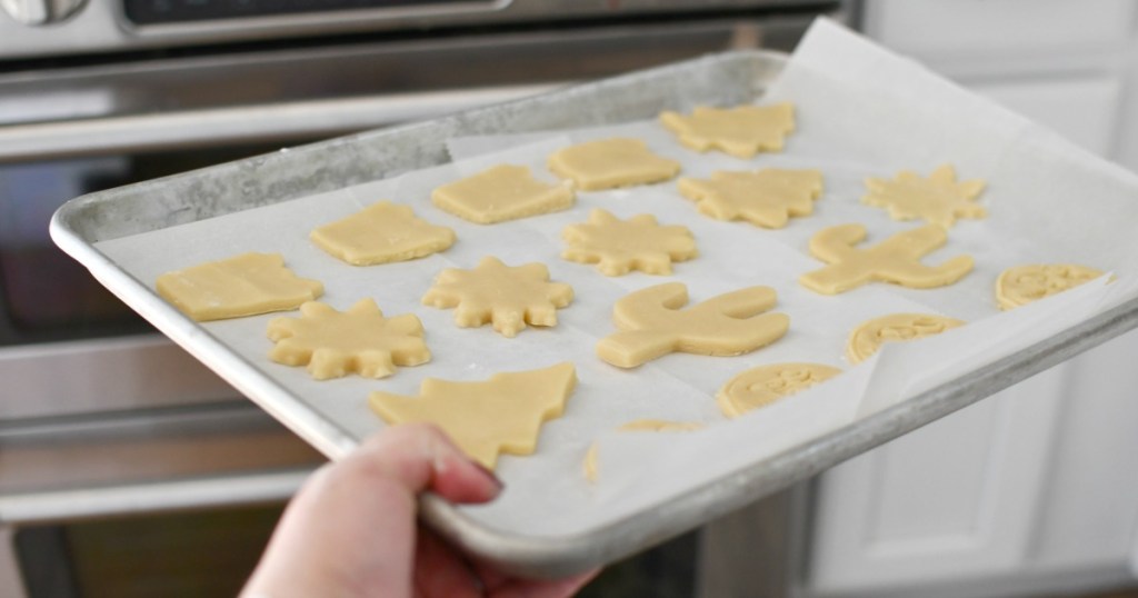 cut out sugar cookies on a baking pan