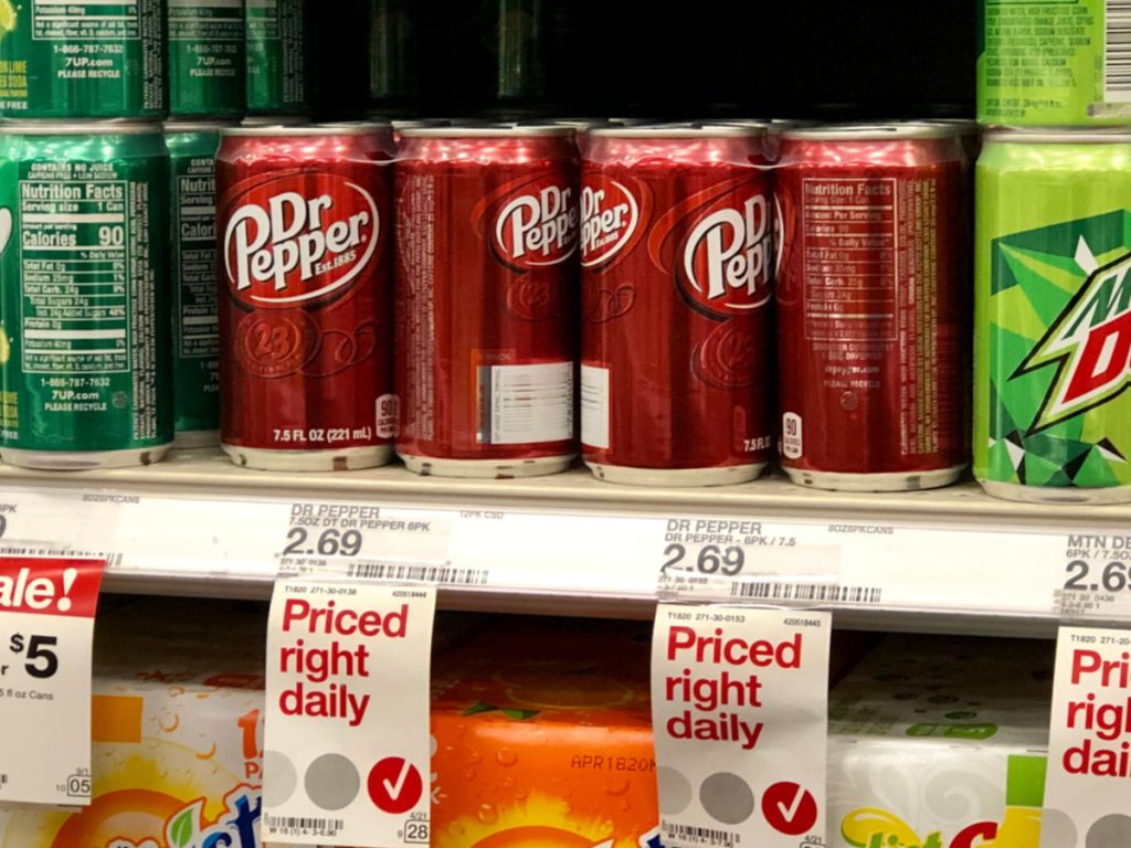dr pepper 6 pack cans on shelf