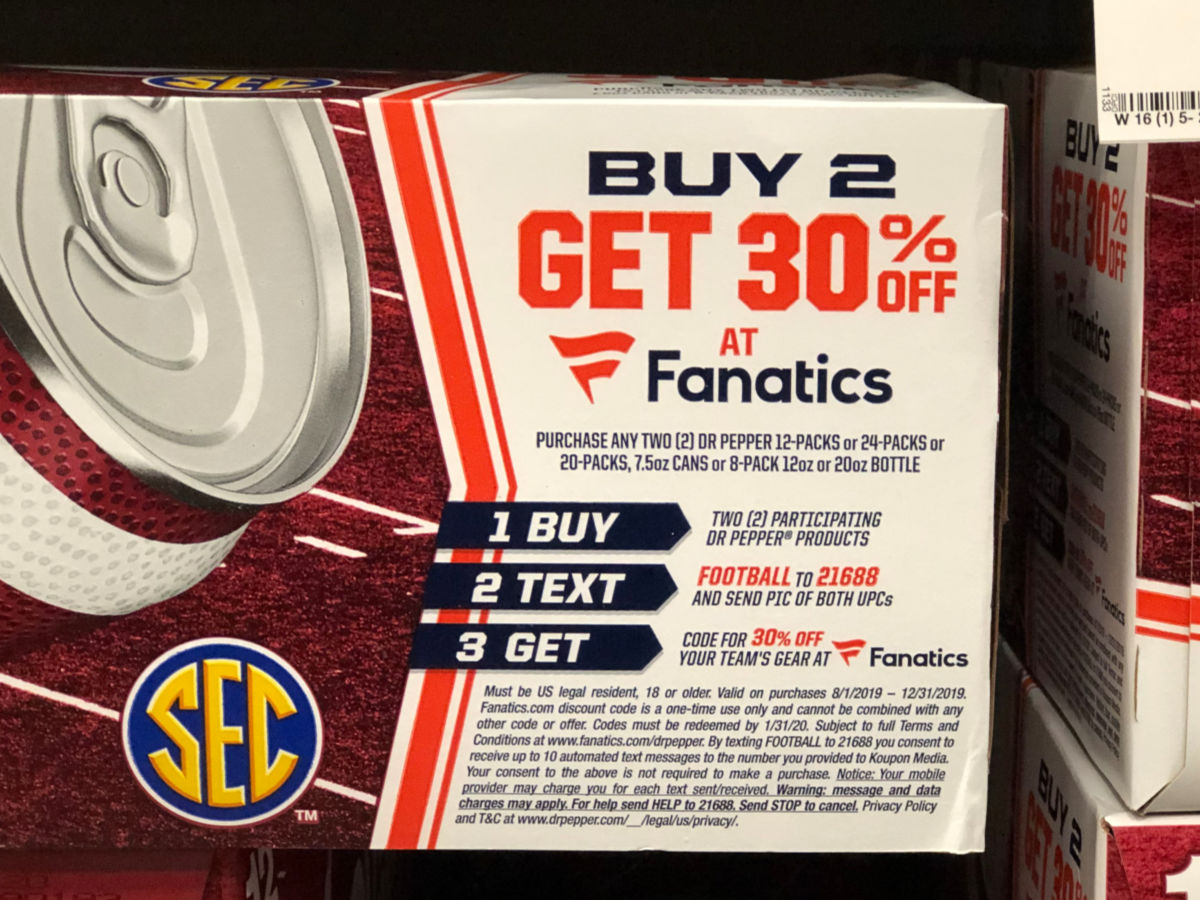 box of dr. pepper with fanatics promo details