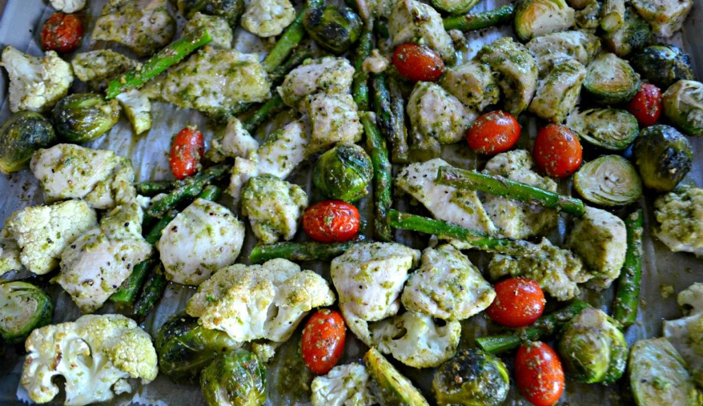 sheet pan with roasted pesto chicken and veggies 