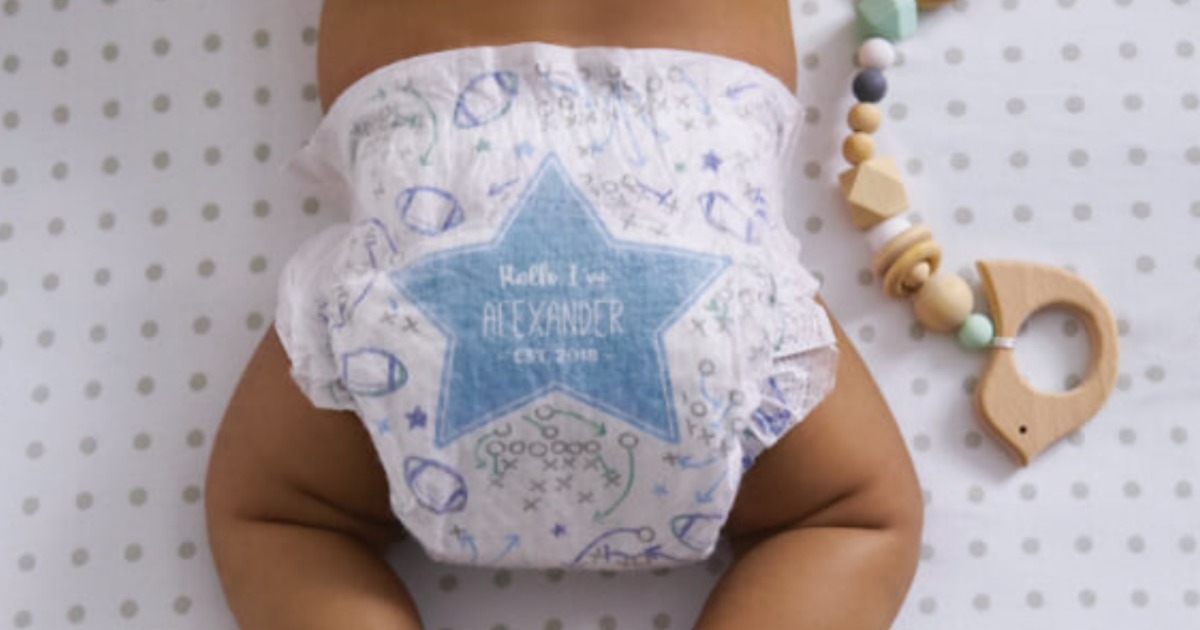 baby wearing personalized Huggies diaper