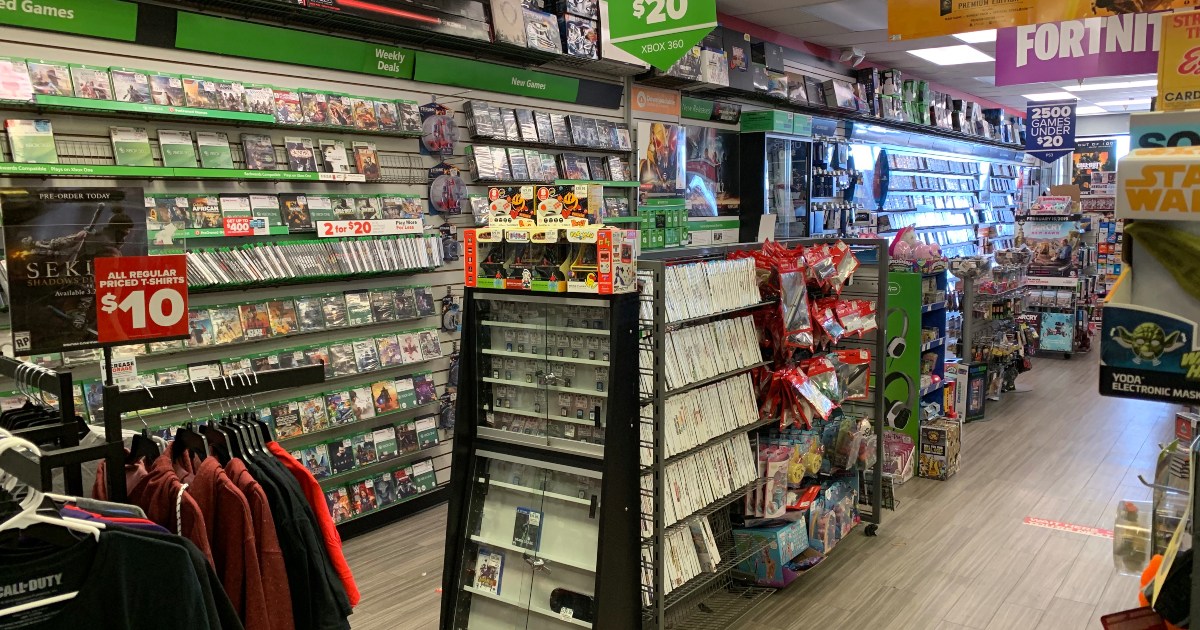 Interior of a GameStop retail store with game shelves