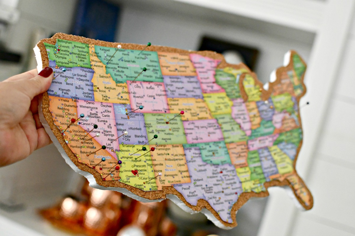 DIY Cork Board Push Pin Travel Map To Track Your Trips Hip2Save   Glue Map To Cork Board And Place Pins  