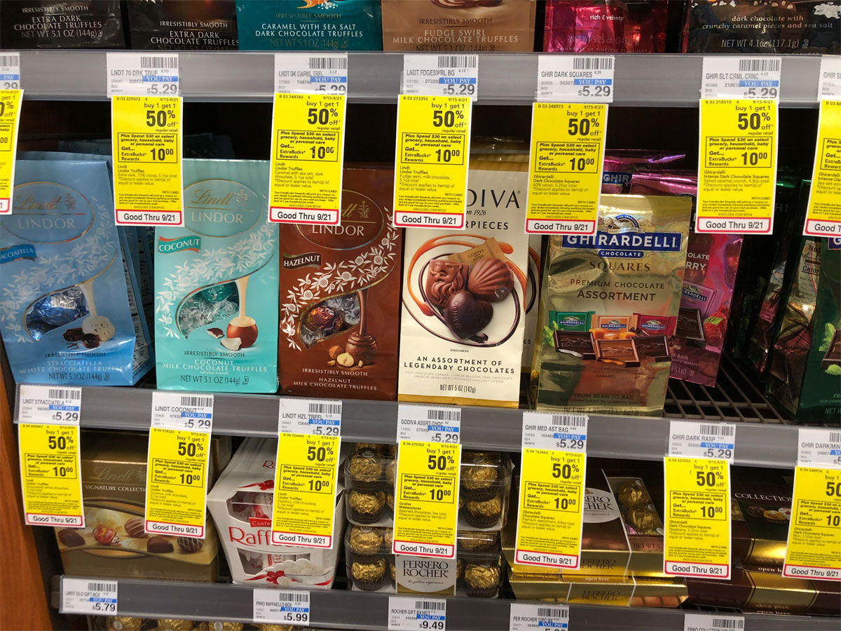 Godiva Masterpieces Chocolate and others on shelf at CVS