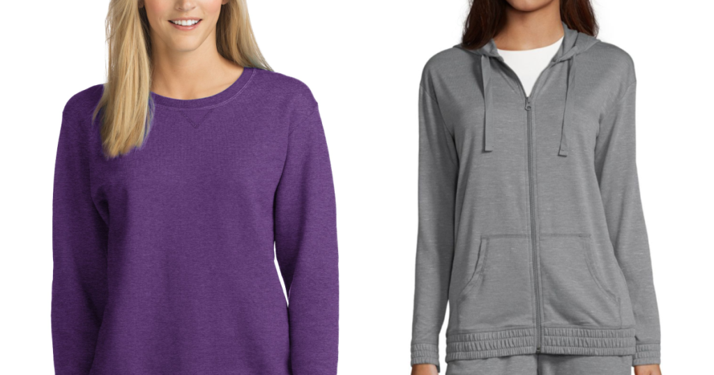 women modeling purple and grey sweatshirts