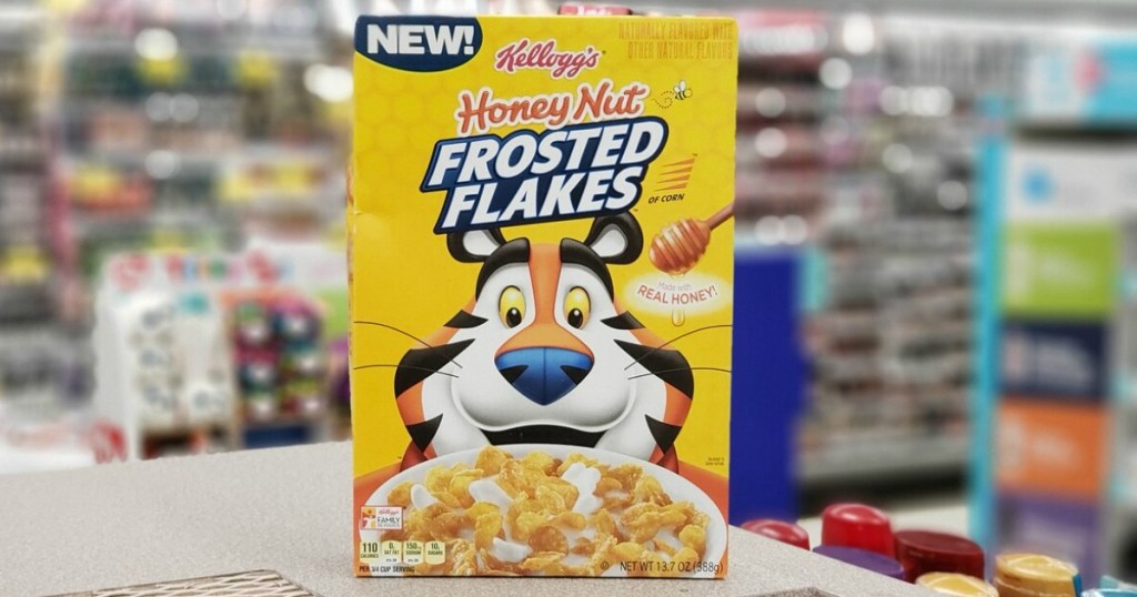 box of cereal on counter by store display