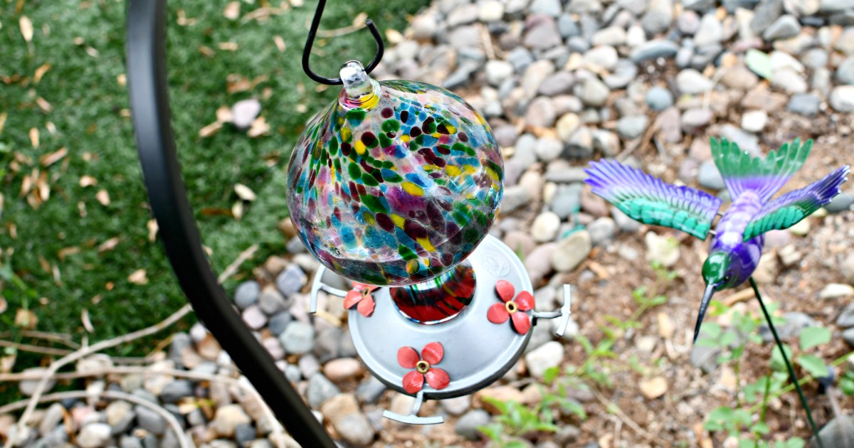 colorful glass hummingbird feeder