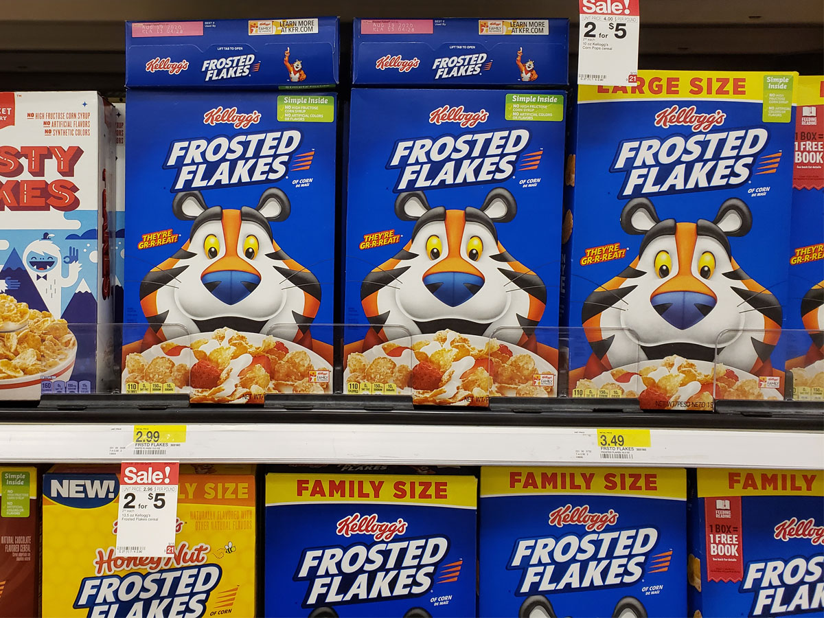 boxes of Kellogg's Frosted Flakes on a Target shelf