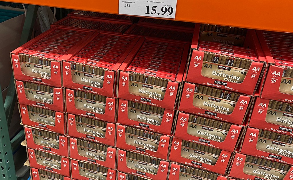 kirkland batteries on shelf at costco