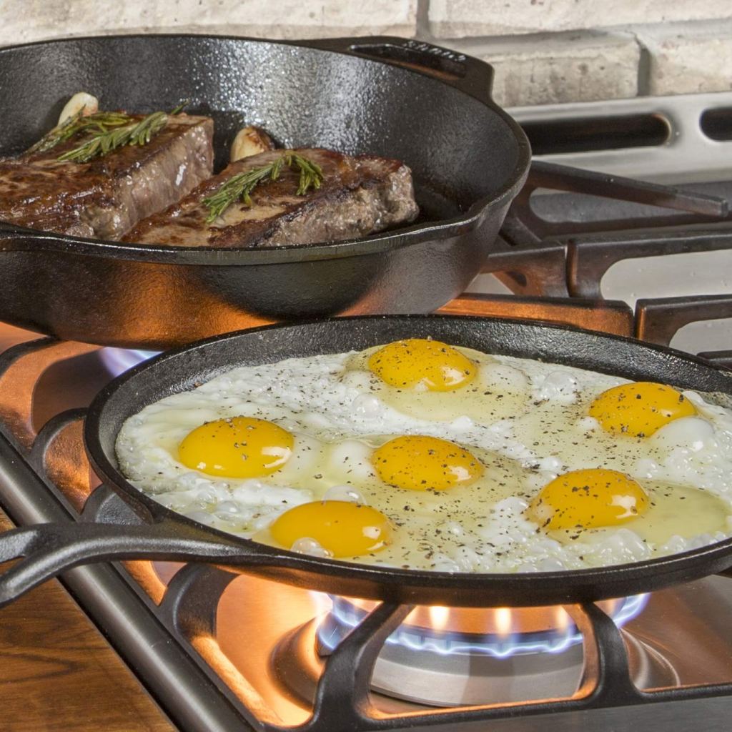 Lodge griddle and skillet on stove