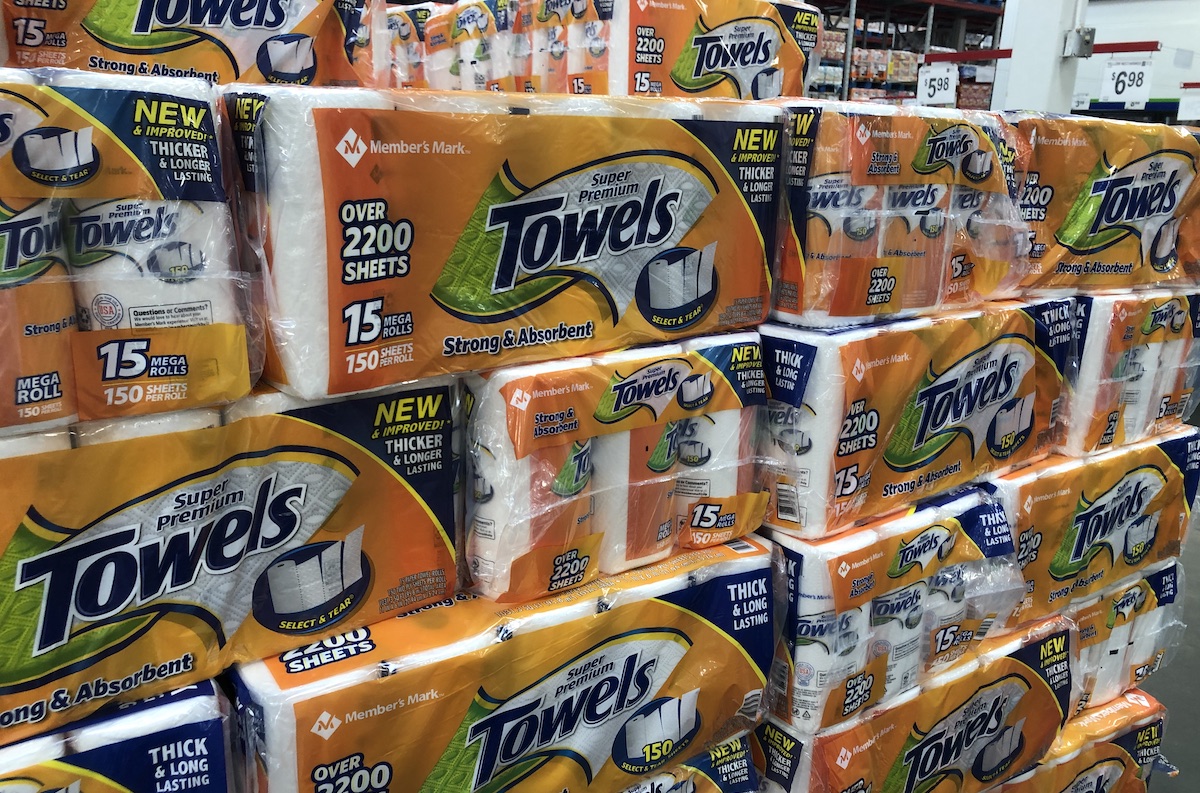 Member's Mark paper towels stacked in pile at store