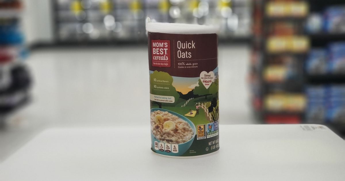 mom's best quick oats canister in store with blurred background