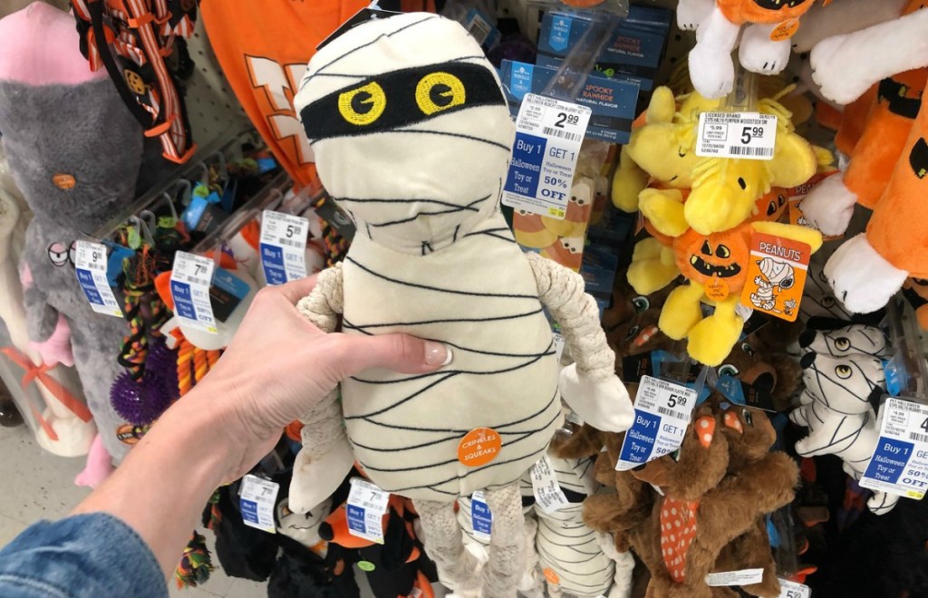 woman holding mummy chew toy for dogs at PetSmart