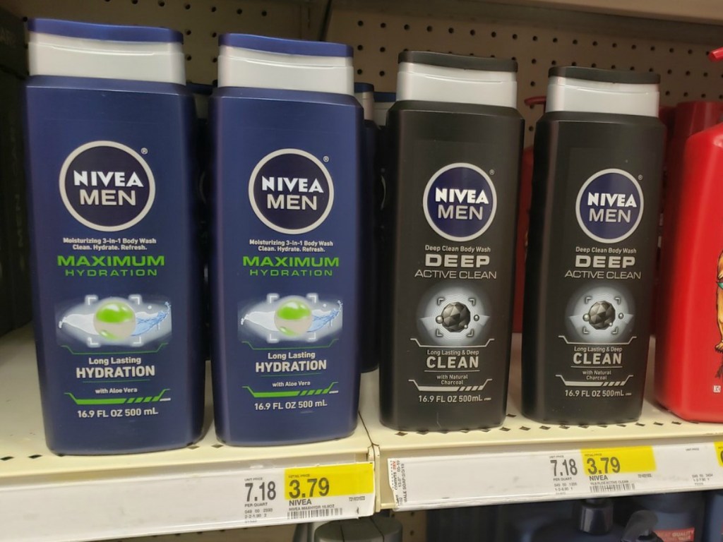 bottles of men body wash on store shelf