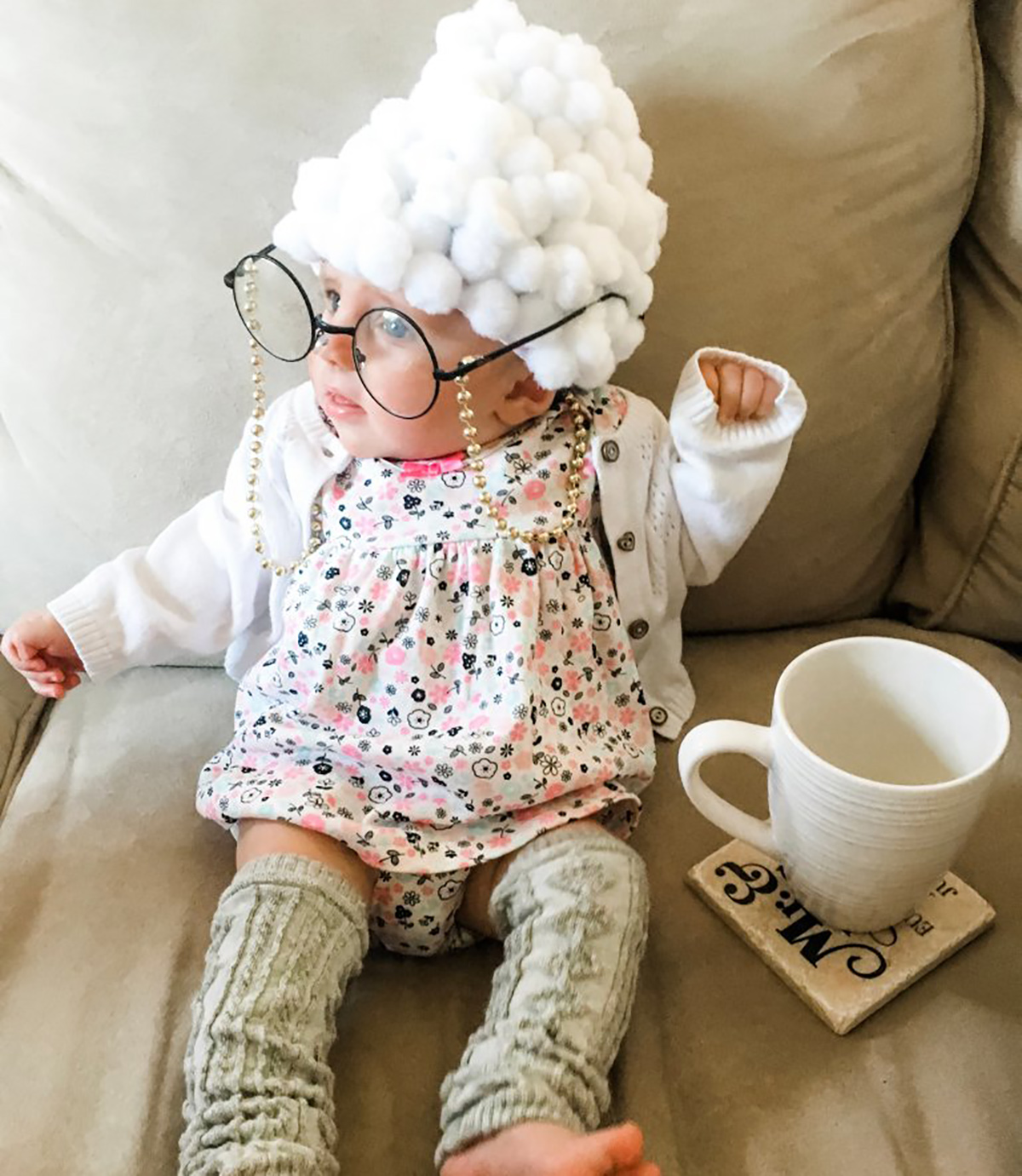 baby dressed in a DIY old lady costume for Halloween