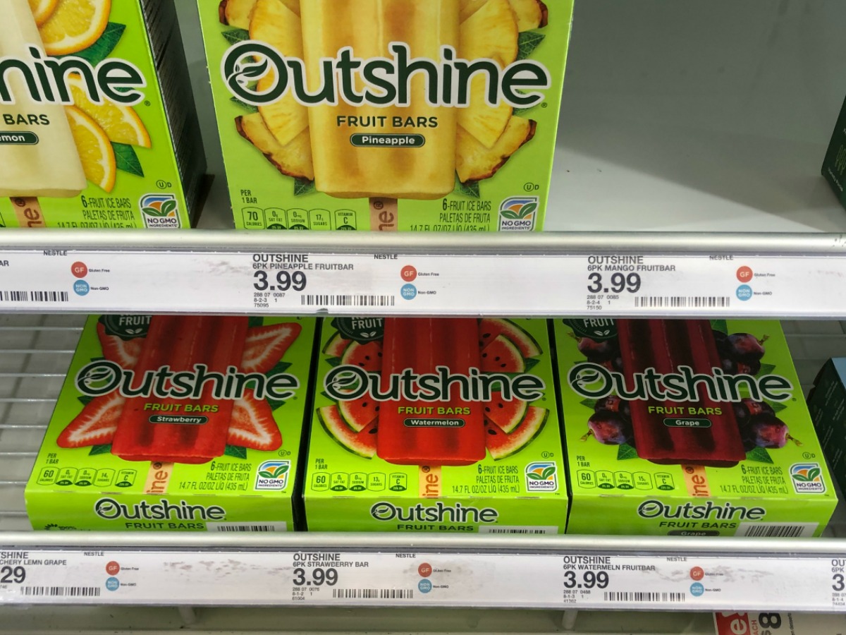 outshine frozen fruit bars in refrigerator at store
