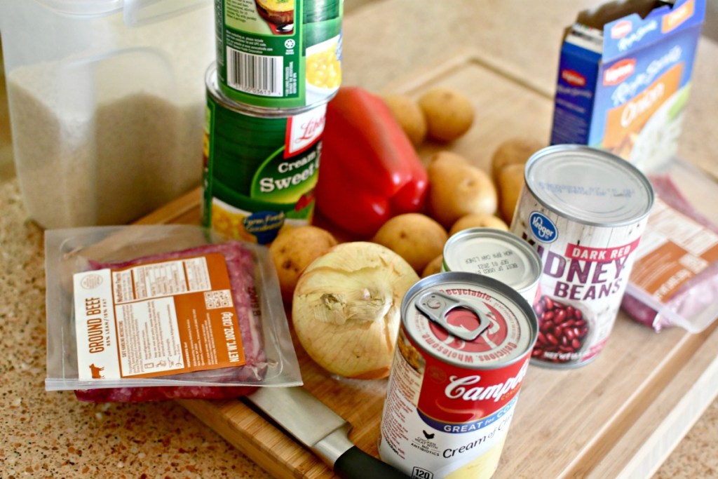 easy meal ingredients on the counter for pantry meal challenge