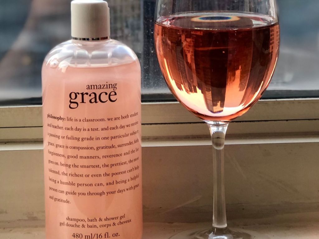 philosophy amazing grace Shampoo, Bath & Shower Gel next to rose wine