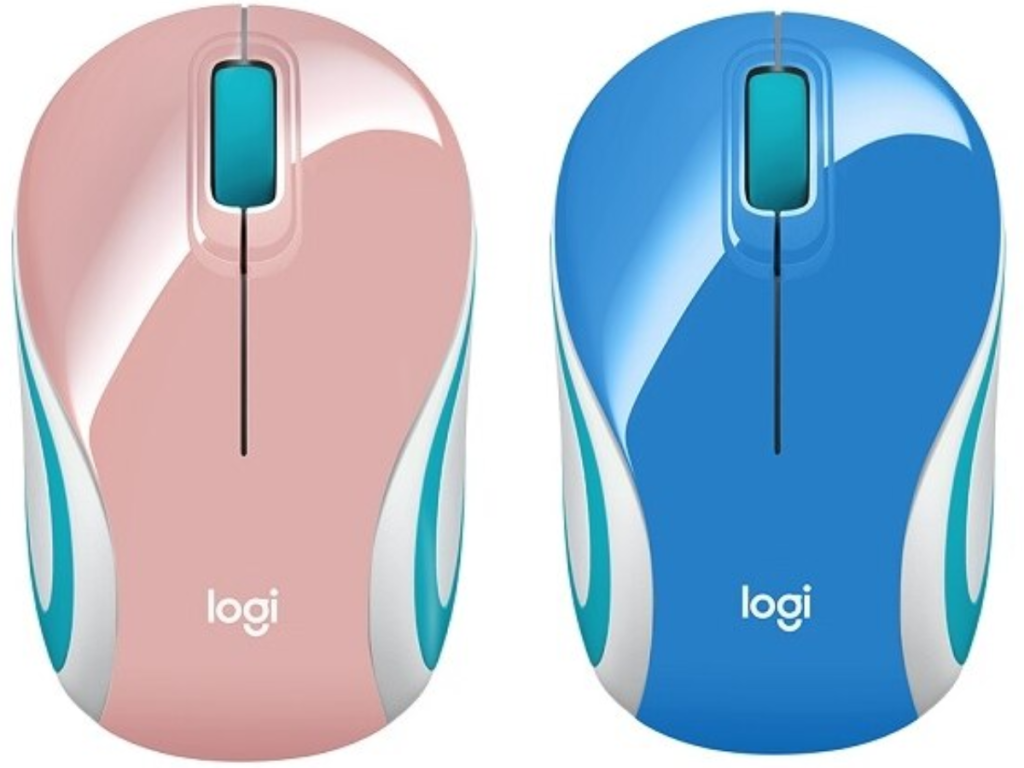 pink logi mouse and blue logi mouse