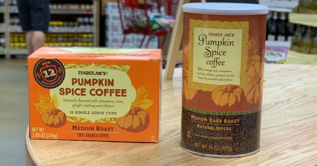 2 packages of coffee on table with pumpkin spices