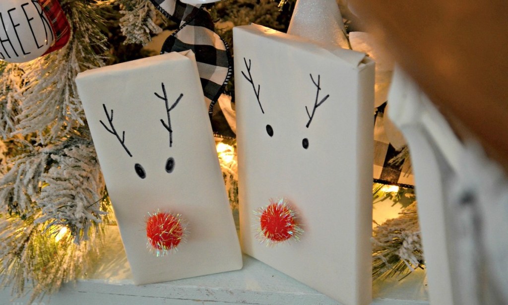 two reindeer gifts with christmas lights