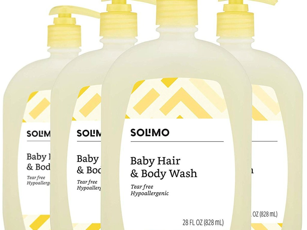 four bottles of baby wash in yellow containers
