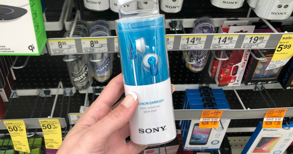 sony earbuds held in hand at Walgreens