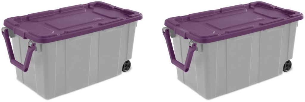 storage rolling totes with gray bottom and wheels and purple top