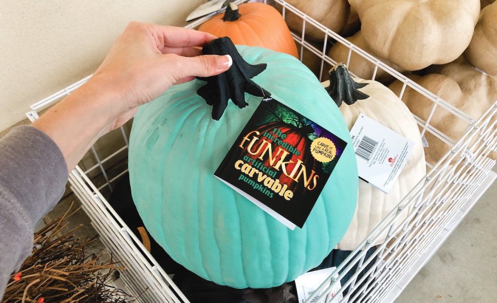 hand holding top of teal pumpkin in wire basket