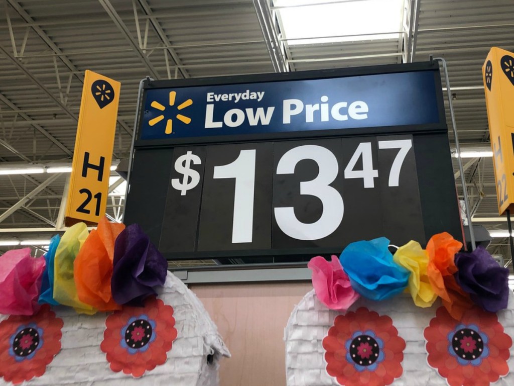 price in store above shelves with pinatas