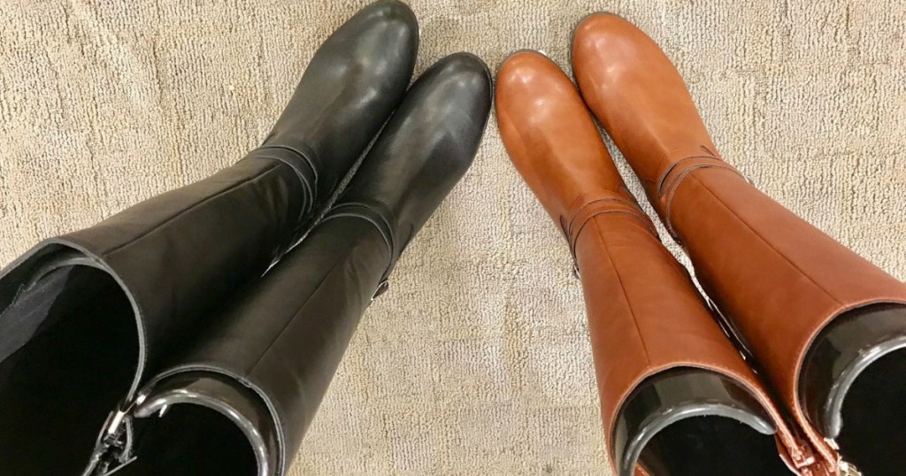 top view of brown and black women's boots