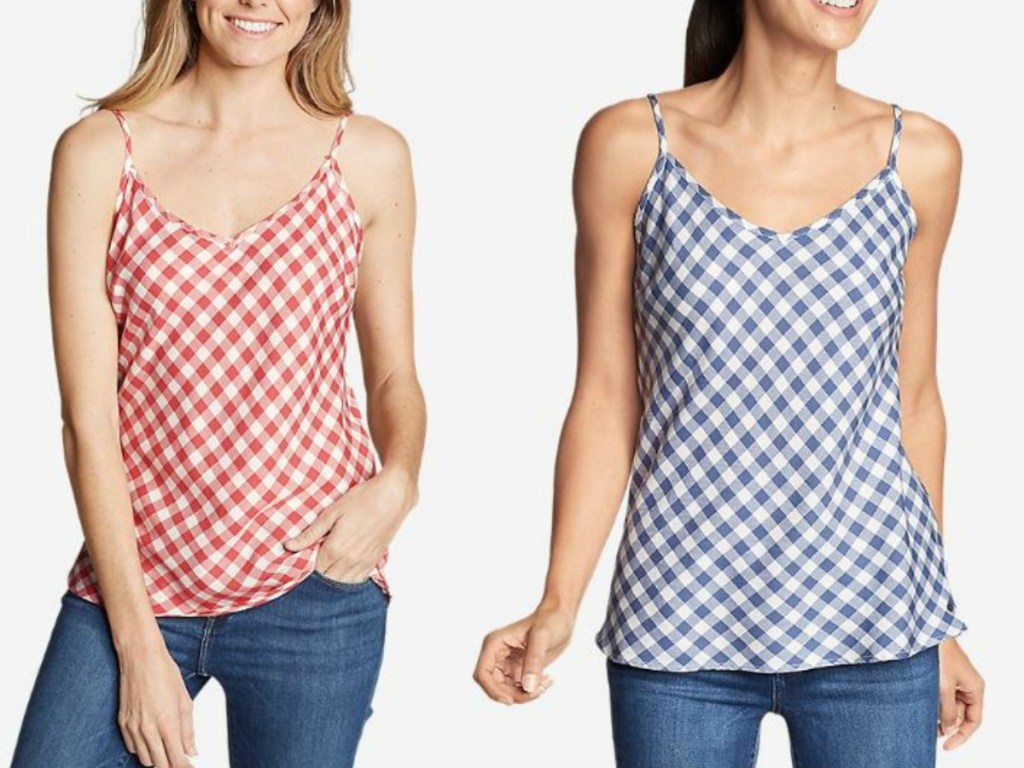 two women standing in tank tops with plaid 