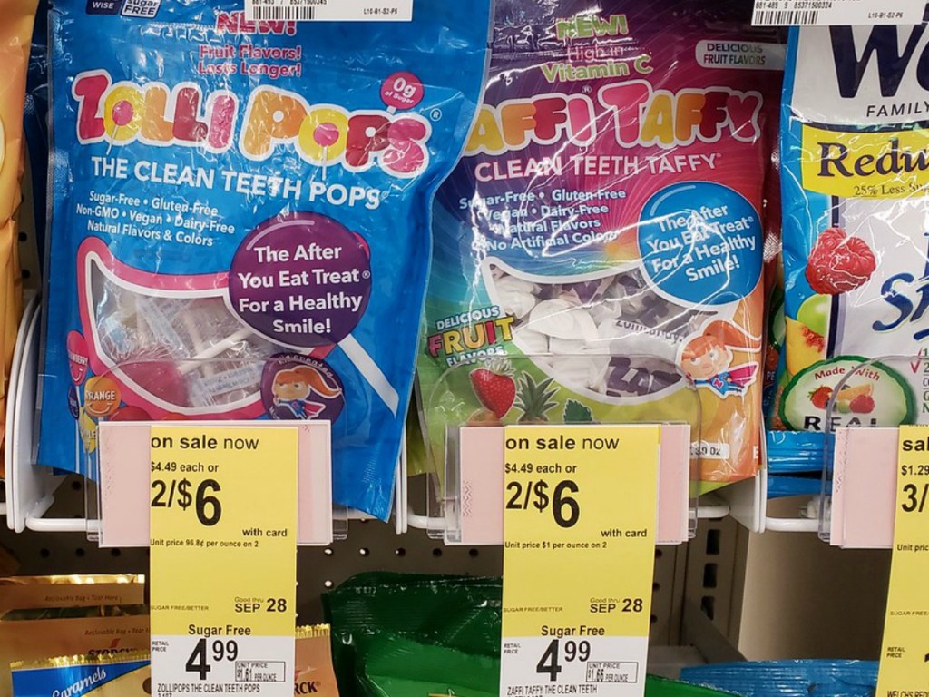 bags on candy with price tags on store shelf