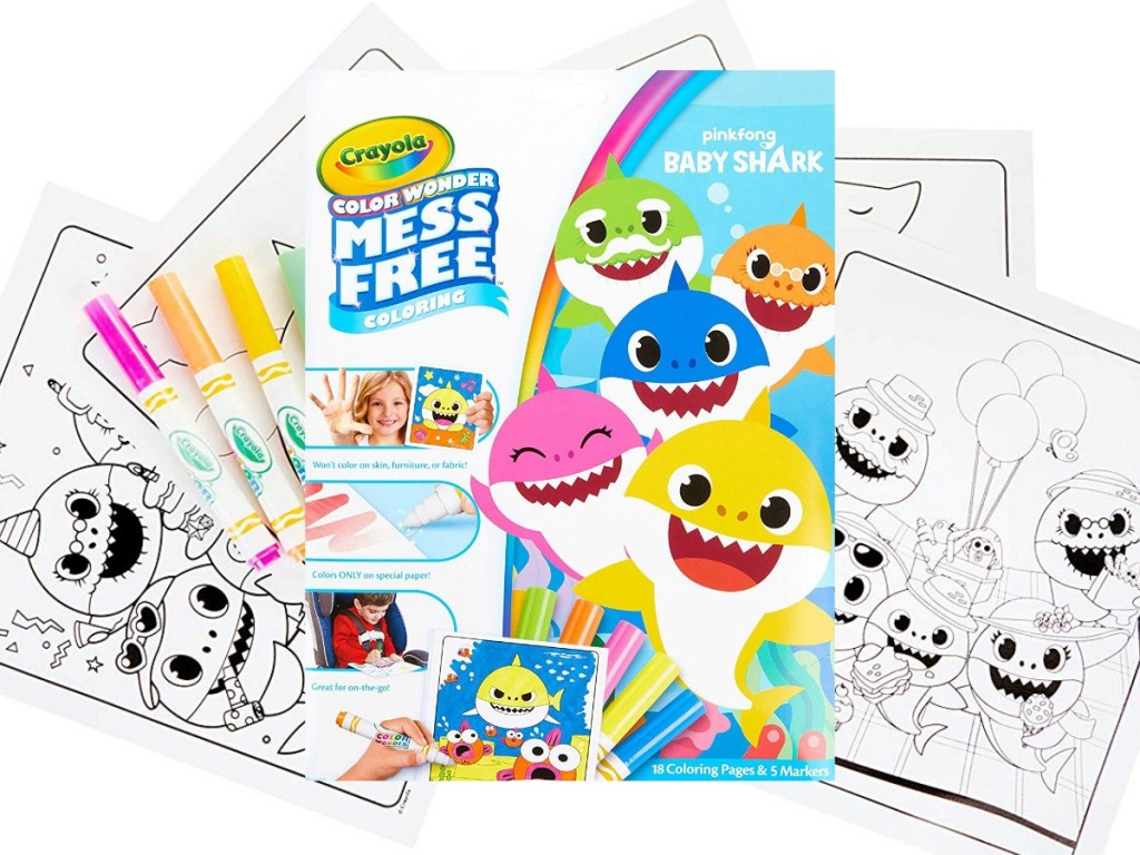 Baby Shark themed coloring pages with package