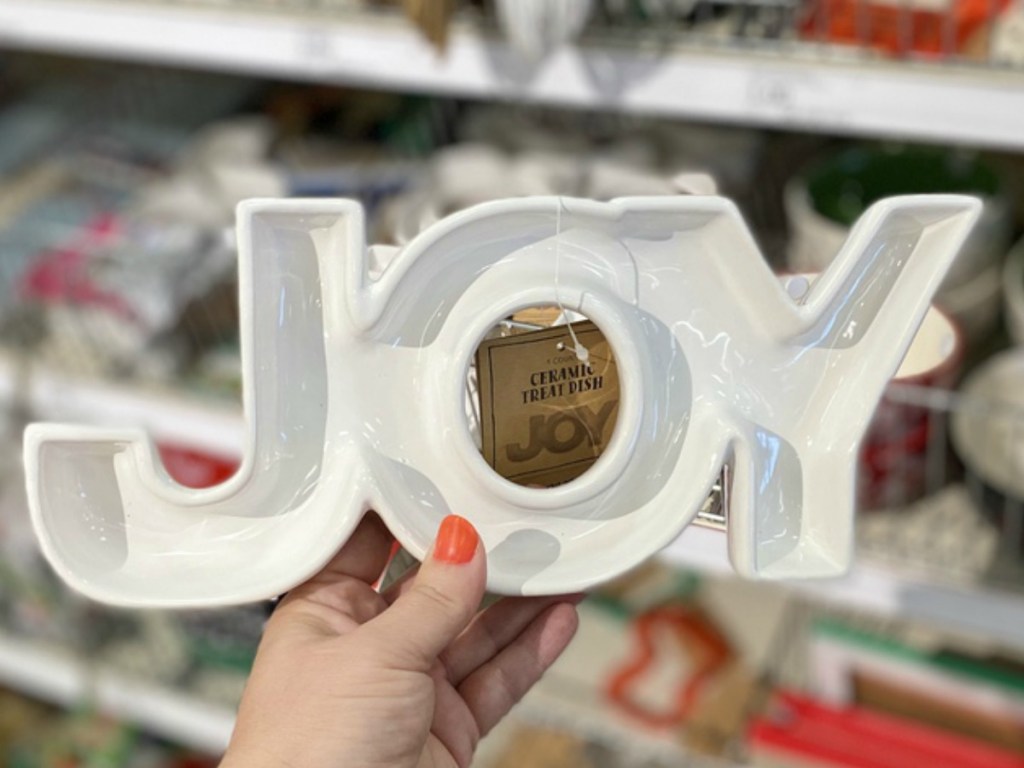 Ceramic Treat Dish shaped "Joy" in hand in-store in Target