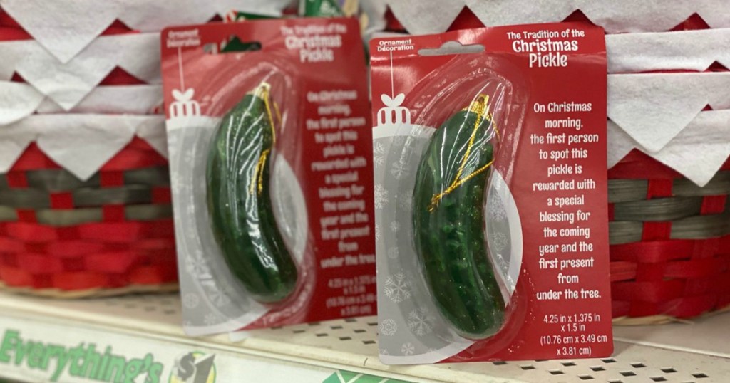 Christmas pickle ornaments on store shelf
