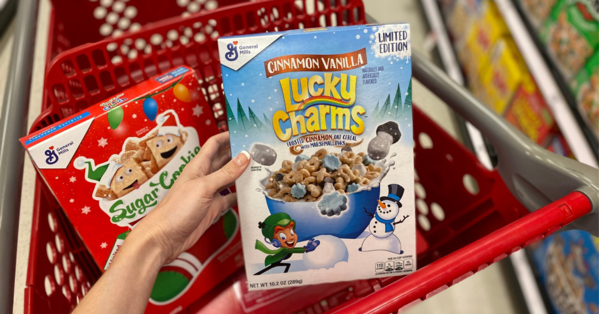 cinnamon vanilla lucky charms and sugar cookie cereals in Target cart