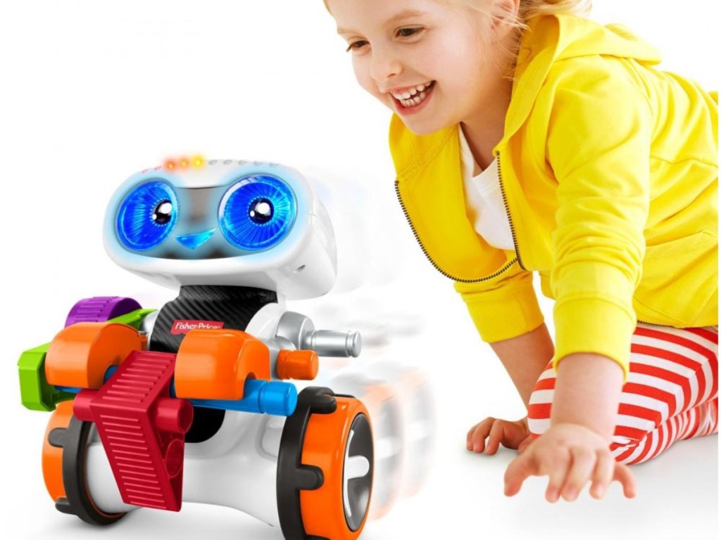 child playing with interactive robot
