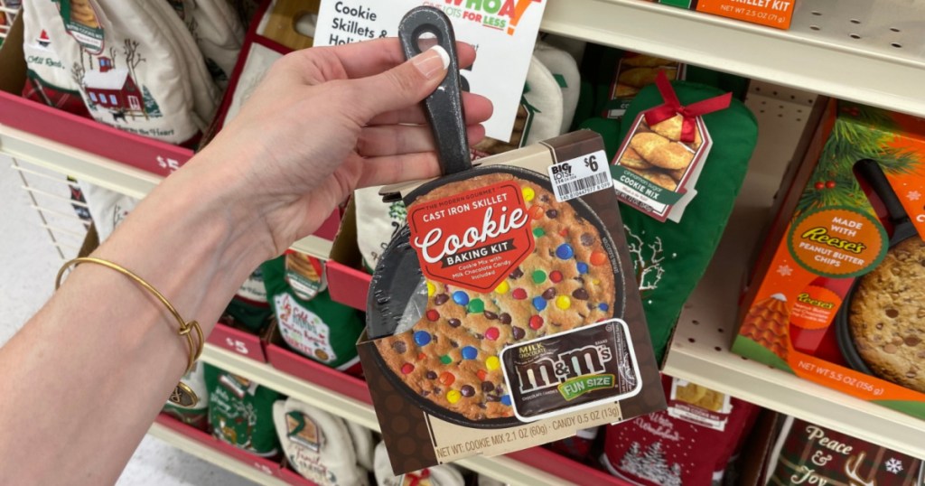 hand holding up m&m's cookie skillet kit