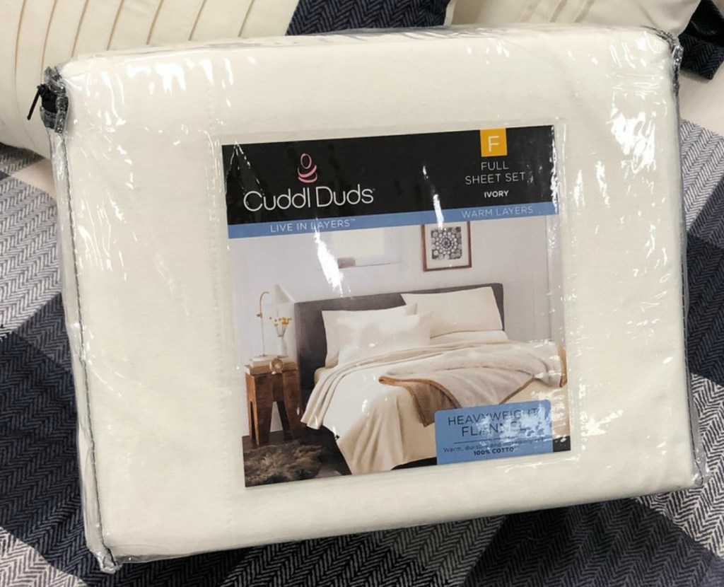 Cuddl Duds Ivory flannel sheet set on display be in Kohl's