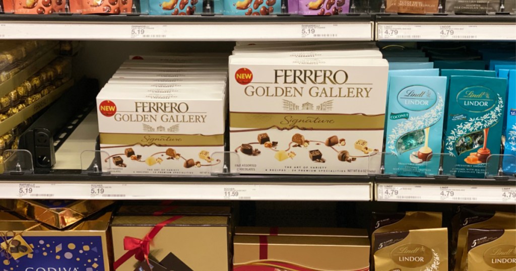 boxes of ferrero golden gallery chocolates on shelf at target